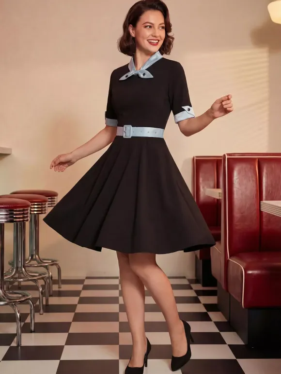 Vintage Dress 1950s Yellow Two-Tone Bows Short Sleeves Embellished Collar Medium Swing Dress