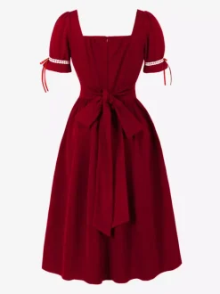 Vintage Dress Women's Puff Sleeve Midi Dress Square Neck Tie Front Fit And Flare Vintage Dress
