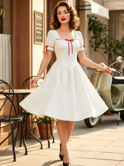 Vintage Dress Women's Puff Sleeve Midi Dress Square Neck Tie Front Fit And Flare Vintage Dress
