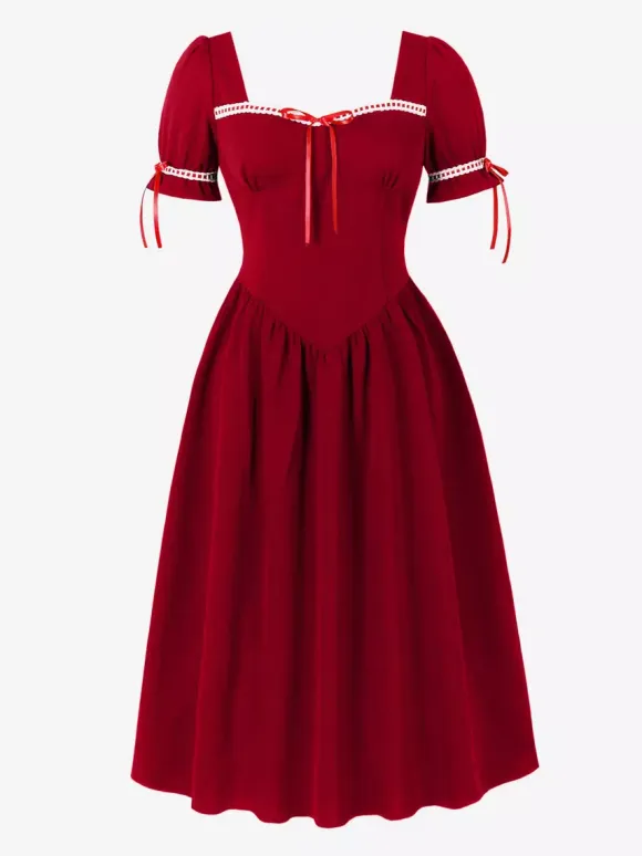 Vintage Dress Women's Puff Sleeve Midi Dress Square Neck Tie Front Fit And Flare Vintage Dress