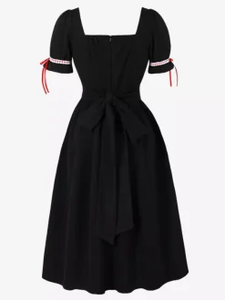 Vintage Dress Women's Puff Sleeve Midi Dress Square Neck Tie Front Fit And Flare Vintage Dress