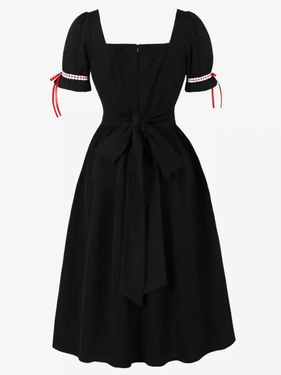Vintage Dress Women's Puff Sleeve Midi Dress Square Neck Tie Front Fit And Flare Vintage Dress
