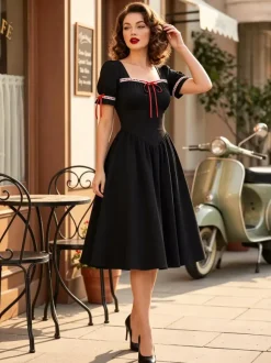 Vintage Dress Women's Puff Sleeve Midi Dress Square Neck Tie Front Fit And Flare Vintage Dress