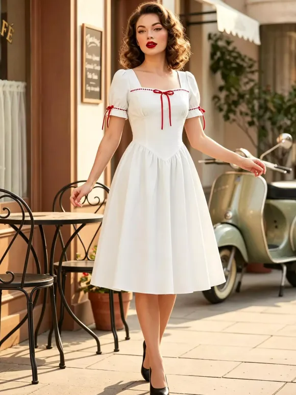 Vintage Dress Women's Puff Sleeve Midi Dress Square Neck Tie Front Fit And Flare Vintage Dress