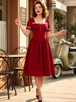 Vintage Dress Women's Puff Sleeve Midi Dress Square Neck Tie Front Fit And Flare Vintage Dress