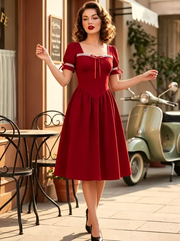 Vintage Dress Women's Puff Sleeve Midi Dress Square Neck Tie Front Fit And Flare Vintage Dress