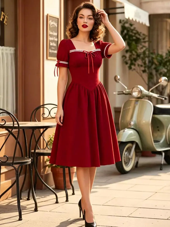 Vintage Dress Women's Puff Sleeve Midi Dress Square Neck Tie Front Fit And Flare Vintage Dress