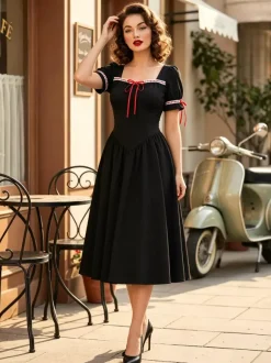 Vintage Dress Women's Puff Sleeve Midi Dress Square Neck Tie Front Fit And Flare Vintage Dress