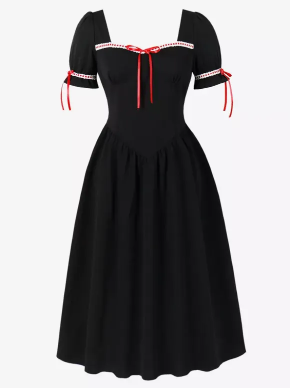 Vintage Dress Women's Puff Sleeve Midi Dress Square Neck Tie Front Fit And Flare Vintage Dress