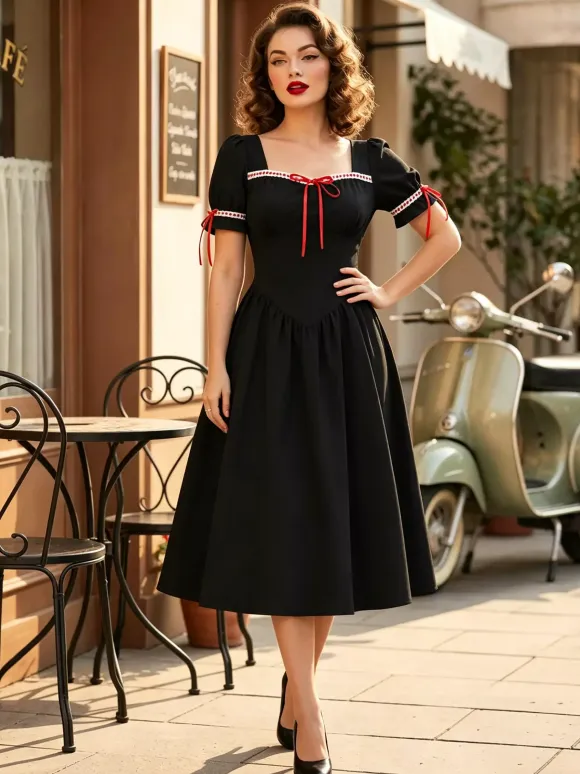 Vintage Dress Women's Puff Sleeve Midi Dress Square Neck Tie Front Fit And Flare Vintage Dress