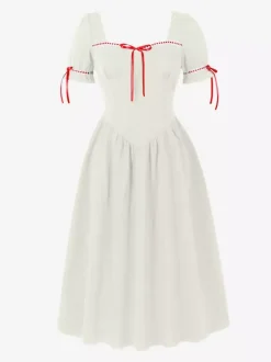 Vintage Dress Women's Puff Sleeve Midi Dress Square Neck Tie Front Fit And Flare Vintage Dress