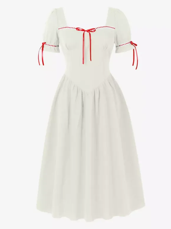 Vintage Dress Women's Puff Sleeve Midi Dress Square Neck Tie Front Fit And Flare Vintage Dress