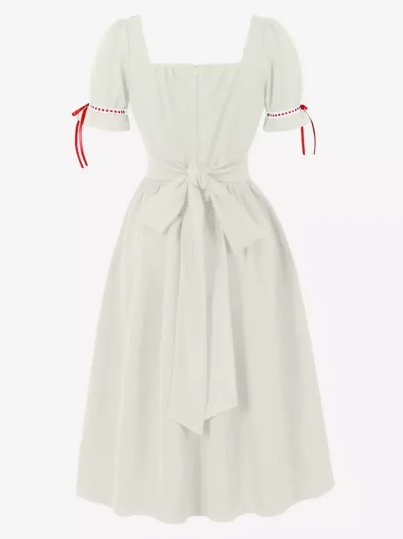 Vintage Dress Women's Puff Sleeve Midi Dress Square Neck Tie Front Fit And Flare Vintage Dress