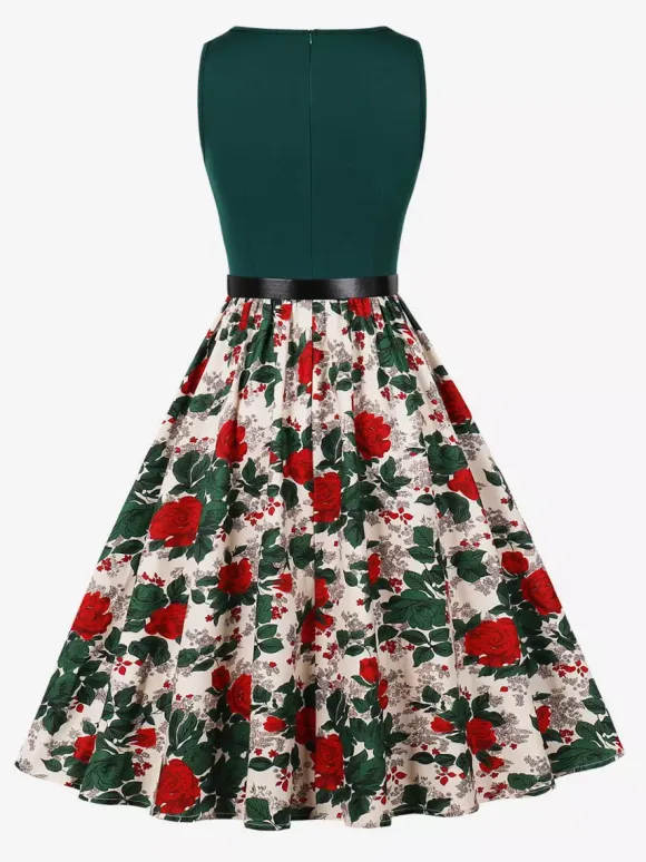 Vintage Dresses 1950s Swing Floral Swing Dress Sleeveless A-Line Tea Party Midi Dress