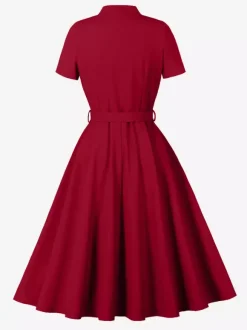 Vintage Dresses 1950s Vintage Swing Dress Bow Tie Collar Short Sleeve Tea Party Dress