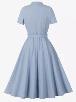 Vintage Dresses 1950s Vintage Swing Dress Bow Tie Collar Short Sleeve Tea Party Dress