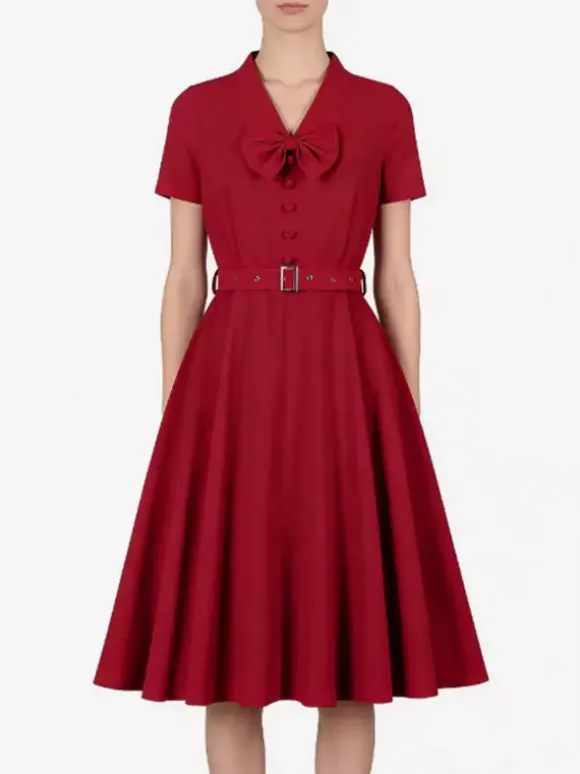 Vintage Dresses 1950s Vintage Swing Dress Bow Tie Collar Short Sleeve Tea Party Dress
