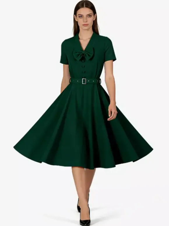 Vintage Dresses 1950s Vintage Swing Dress Bow Tie Collar Short Sleeve Tea Party Dress