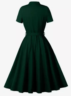 Vintage Dresses 1950s Vintage Swing Dress Bow Tie Collar Short Sleeve Tea Party Dress