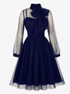 Vintage Dresses Women's Burgundy Tulle Midi Dress Sheer Long Sleeve Bow Neck Fit And Flare Dress