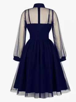 Vintage Dresses Women's Burgundy Tulle Midi Dress Sheer Long Sleeve Bow Neck Fit And Flare Dress
