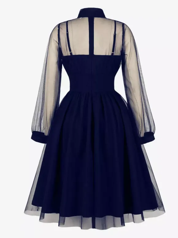 Vintage Dresses Women's Burgundy Tulle Midi Dress Sheer Long Sleeve Bow Neck Fit And Flare Dress