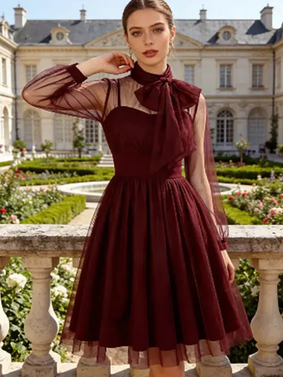 Vintage Dresses Women's Burgundy Tulle Midi Dress Sheer Long Sleeve Bow Neck Fit And Flare Dress