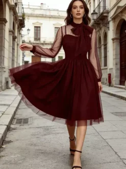 Vintage Dresses Women's Burgundy Tulle Midi Dress Sheer Long Sleeve Bow Neck Fit And Flare Dress
