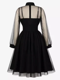 Vintage Dresses Women's Burgundy Tulle Midi Dress Sheer Long Sleeve Bow Neck Fit And Flare Dress