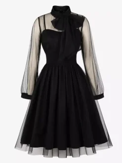 Vintage Dresses Women's Burgundy Tulle Midi Dress Sheer Long Sleeve Bow Neck Fit And Flare Dress