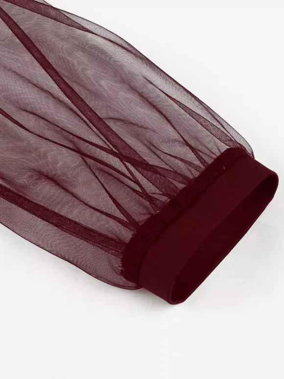 Vintage Dresses Women's Burgundy Tulle Midi Dress Sheer Long Sleeve Bow Neck Fit And Flare Dress