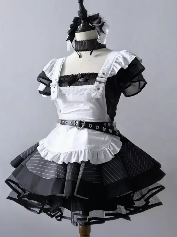 Vintage Elegant Maid Dress Japanese Lolita Style Tiered Apron Dress With Lace Trim Kawaii Gothic Aristocrat Uniform