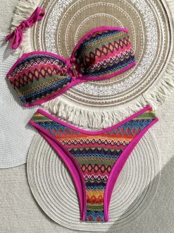 Vintage Ethnic Striped Knit O-Ring Triangle Tie Side Bikini Two Piece Swimsuit