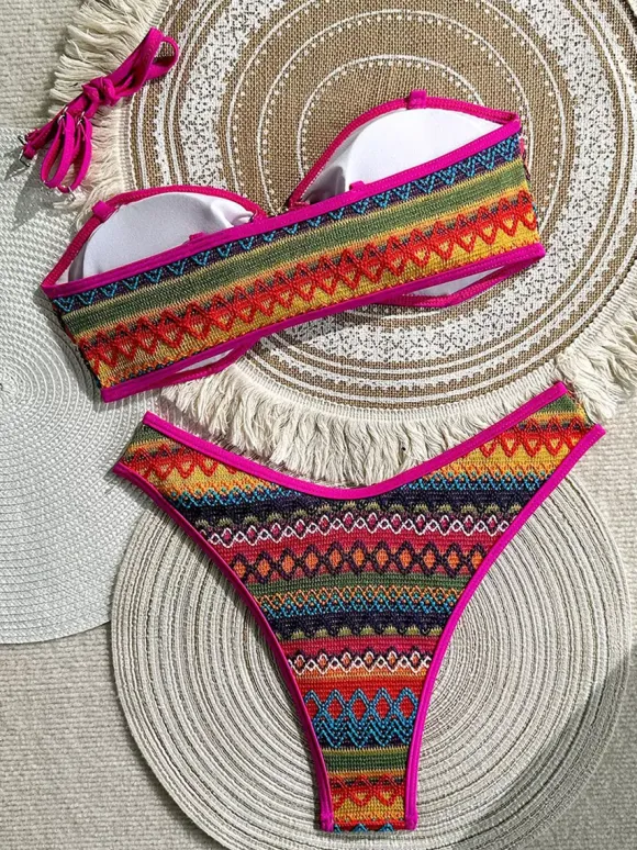 Vintage Ethnic Striped Knit O-Ring Triangle Tie Side Bikini Two Piece Swimsuit