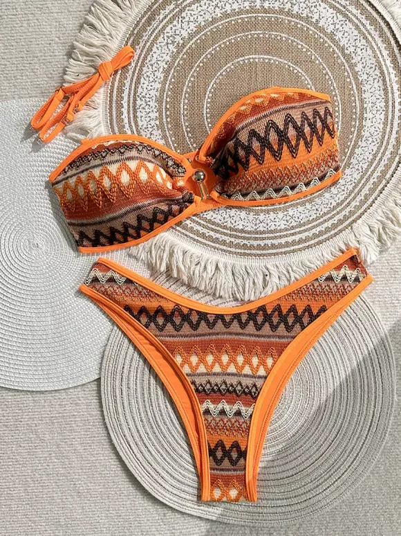 Vintage Ethnic Striped Knit O-Ring Triangle Tie Side Bikini Two Piece Swimsuit