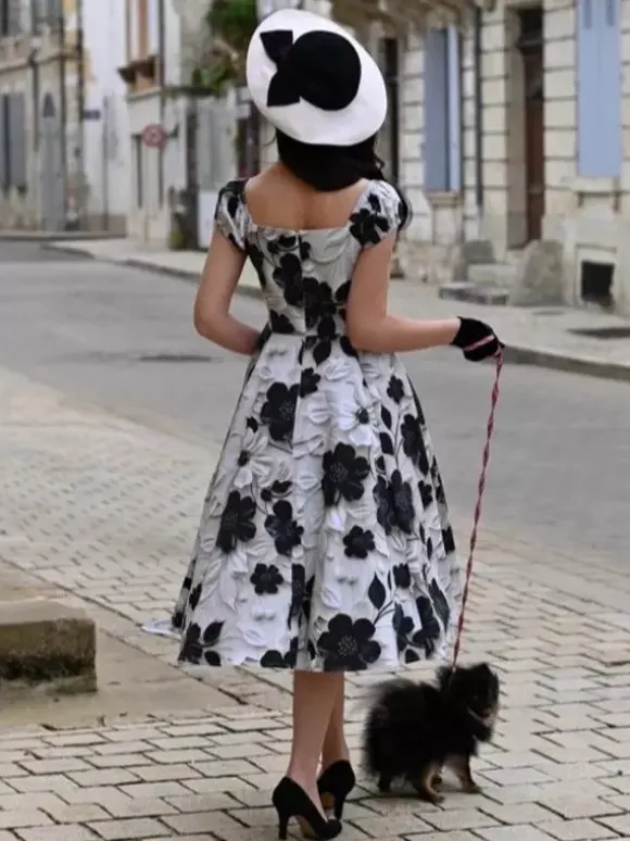 Vintage Floral Midi Dress Black And White A-Line Swing Dress Elegant Party Dress