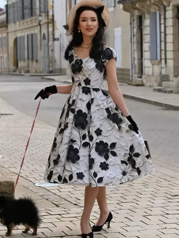 Vintage Floral Midi Dress Black And White A-Line Swing Dress Elegant Party Dress