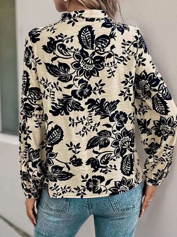 Vintage Floral Print Pleated Blouse Front With Long Sleeves For Autumn 2026