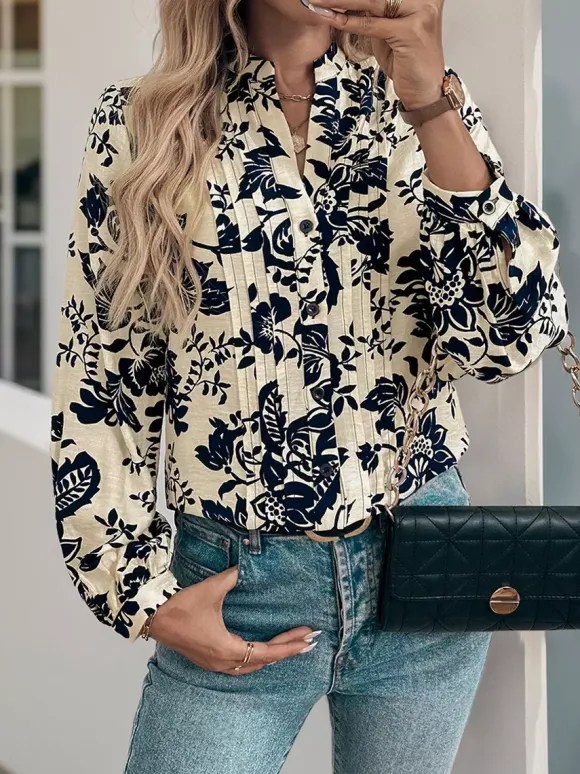 Vintage Floral Print Pleated Blouse Front With Long Sleeves For Autumn 2026