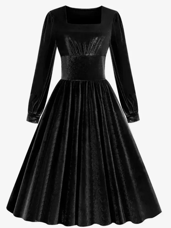 Vintage Glamour Dress 1950s Black Long Sleeves Square Neck Rockabilly Dress
