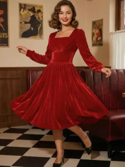 Vintage Glamour Dress 1950s Black Long Sleeves Square Neck Rockabilly Dress