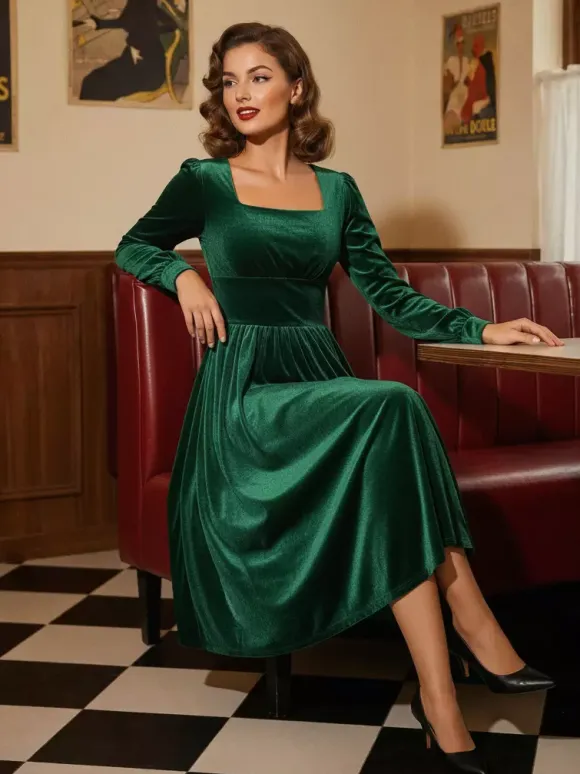 Vintage Glamour Dress 1950s Black Long Sleeves Square Neck Rockabilly Dress