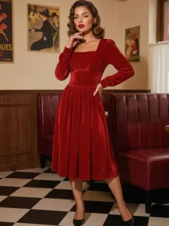 Vintage Glamour Dress 1950s Black Long Sleeves Square Neck Rockabilly Dress