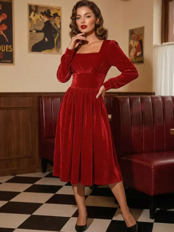 Vintage Glamour Dress 1950s Black Long Sleeves Square Neck Rockabilly Dress