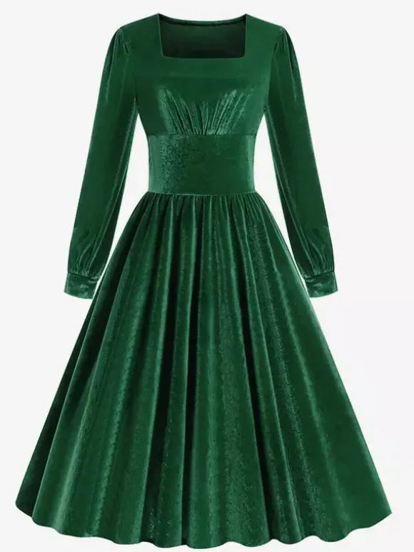 Vintage Glamour Dress 1950s Black Long Sleeves Square Neck Rockabilly Dress