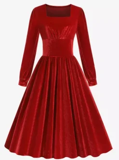 Vintage Glamour Dress 1950s Black Long Sleeves Square Neck Rockabilly Dress
