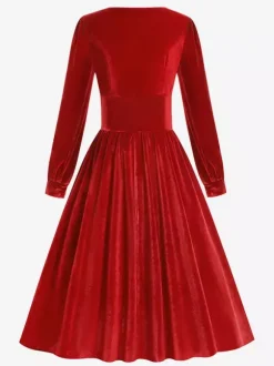 Vintage Glamour Dress 1950s Black Long Sleeves Square Neck Rockabilly Dress