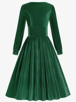 Vintage Glamour Dress 1950s Black Long Sleeves Square Neck Rockabilly Dress