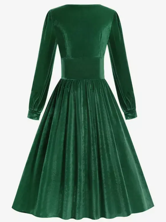 Vintage Glamour Dress 1950s Black Long Sleeves Square Neck Rockabilly Dress