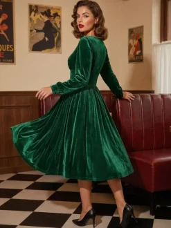 Vintage Glamour Dress 1950s Black Long Sleeves Square Neck Rockabilly Dress